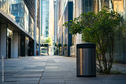 new metal trashbin on the street in city photo