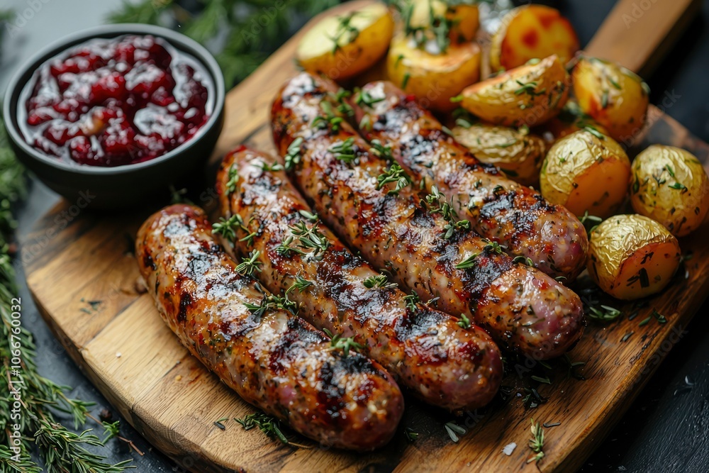 Grilled Sausages with Rosemary and Potatoes on a Wooden Cutting Board Grilled Sausages with Rosemary and Potatoes on a Wooden Cutting Board