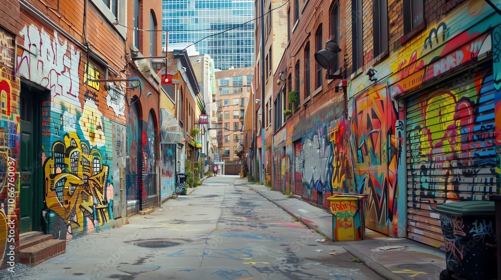 Fototapeta premium A narrow city alleyway with colorful graffiti on the walls.