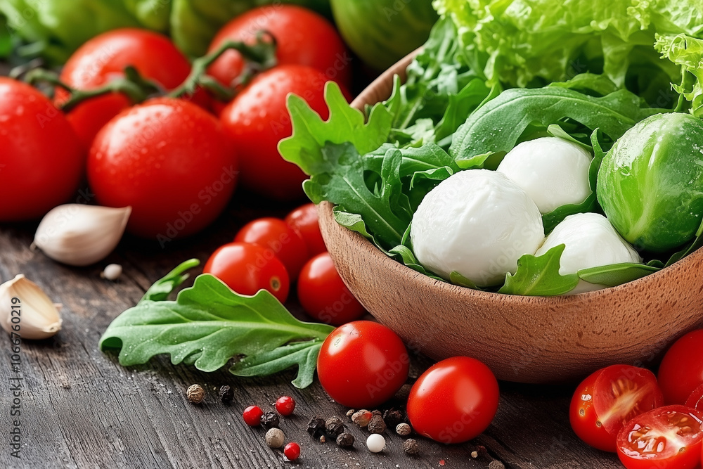 A bowl of vegetables including tomatoes, lettuce, and broccoli A bowl of vegetables including tomatoes, lettuce, and broccoli