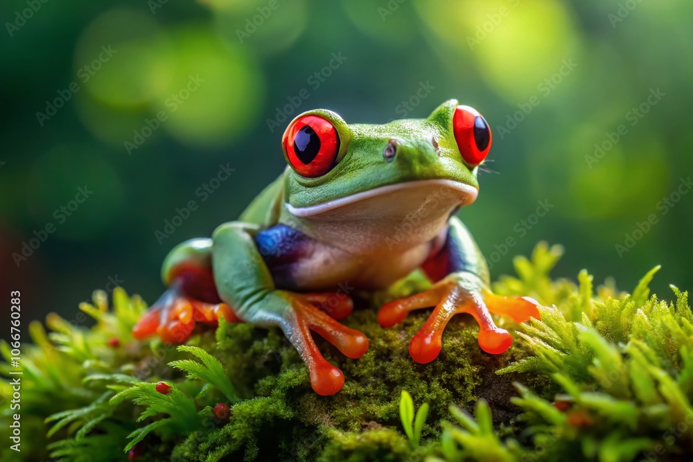 Naklejka premium Vibrant Red-Eyed Tree Frog on Lush Green Moss in Macro Photography – Nature's Colorful Amphibian Close-Up