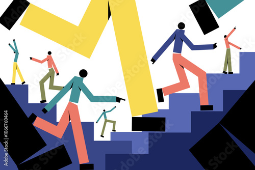 Abstract illustration of diverse people climbing stairs with movement in different directions