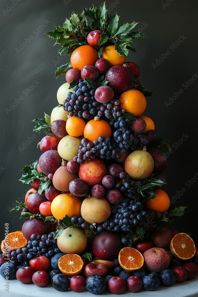 Colorful fruit tower arranged like a Christmas tree with apples, oranges, grapes, and pears displayed for a festive occasion Colorful fruit tower arranged like a Christmas tree with apples, oranges, grapes, and pears displayed for a festive occasion
