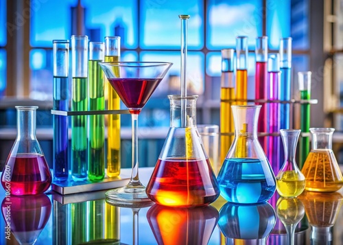 Vibrant Science Lab Equipment with Colorful Liquids: Test Tubes, Beakers, Funnels, and Glassware for Scientific Research and Experimentation