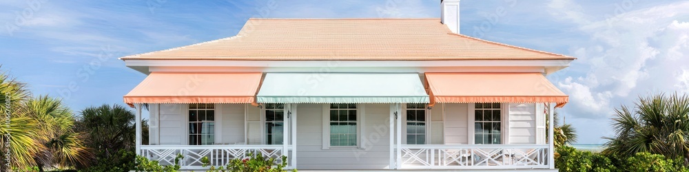 Professional photo of a white beach home with a peach roof and green awning. Professional photo of a white beach home with a peach roof and green awning.