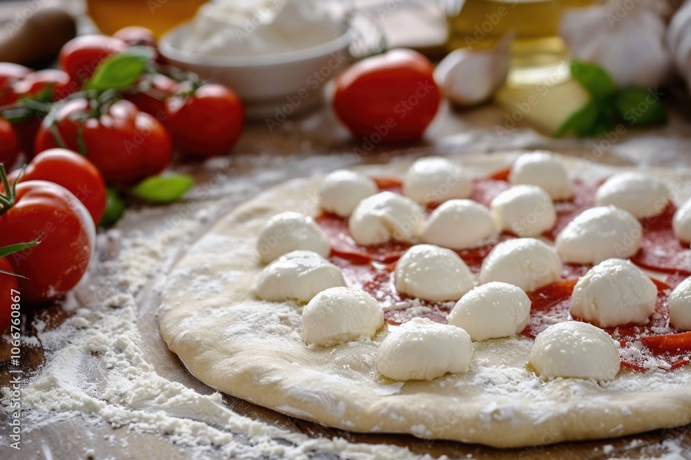 Mozzarella Pizza. Preparing Margherita Pizza with Fresh Mozzarella for Baking Mozzarella Pizza. Preparing Margherita Pizza with Fresh Mozzarella for Baking