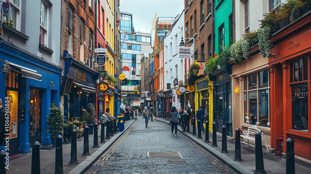Fototapeta premium A narrow street in Dublin, Ireland, lined with colorful buildings and shops.