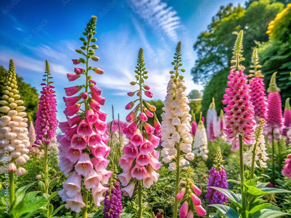Vibrant Spring Garden with Pink and White Digitalis Flowers in Full Bloom | Nature Photography | Summer Landscapes | Floral Beauty Vibrant Spring Garden with Pink and White Digitalis Flowers in Full Bloom | Nature Photography | Summer Landscapes | Floral Beauty