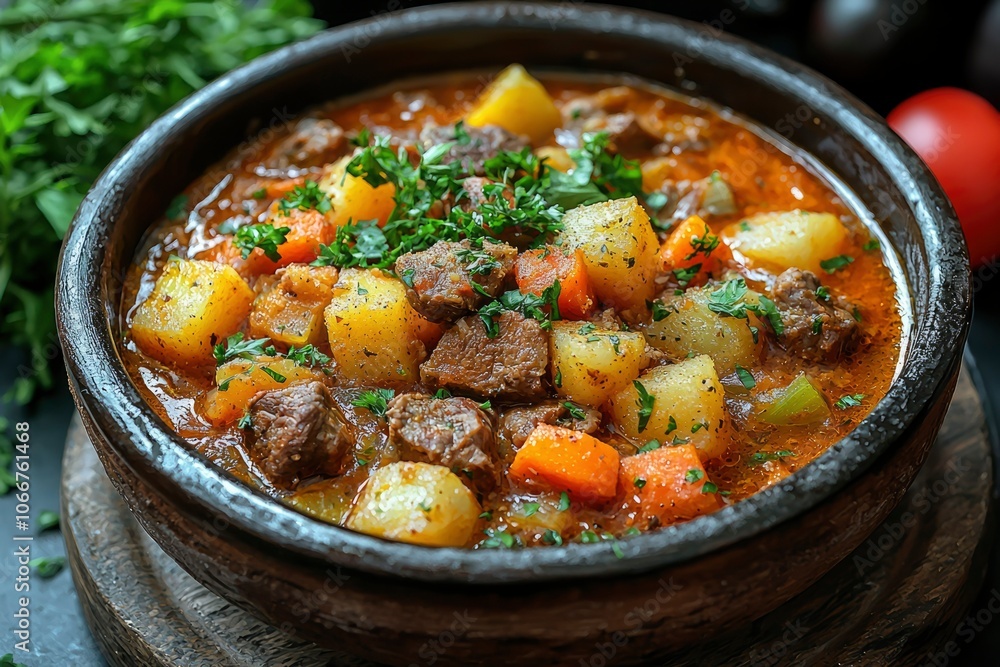 Close-up of Beef Stew with Potatoes, Carrots, and Parsley in a Clay Pot Close-up of Beef Stew with Potatoes, Carrots, and Parsley in a Clay Pot