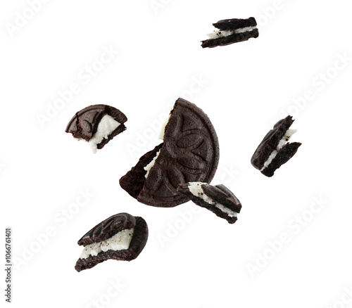 Tasty broken sandwich cookie in air on white background