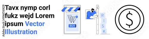 Smartphone with shopping cart app, person assessing risk with stacking blocks, and dollar sign in circle. Ideal for e-commerce, risk management, financial planning, marketing, business strategy