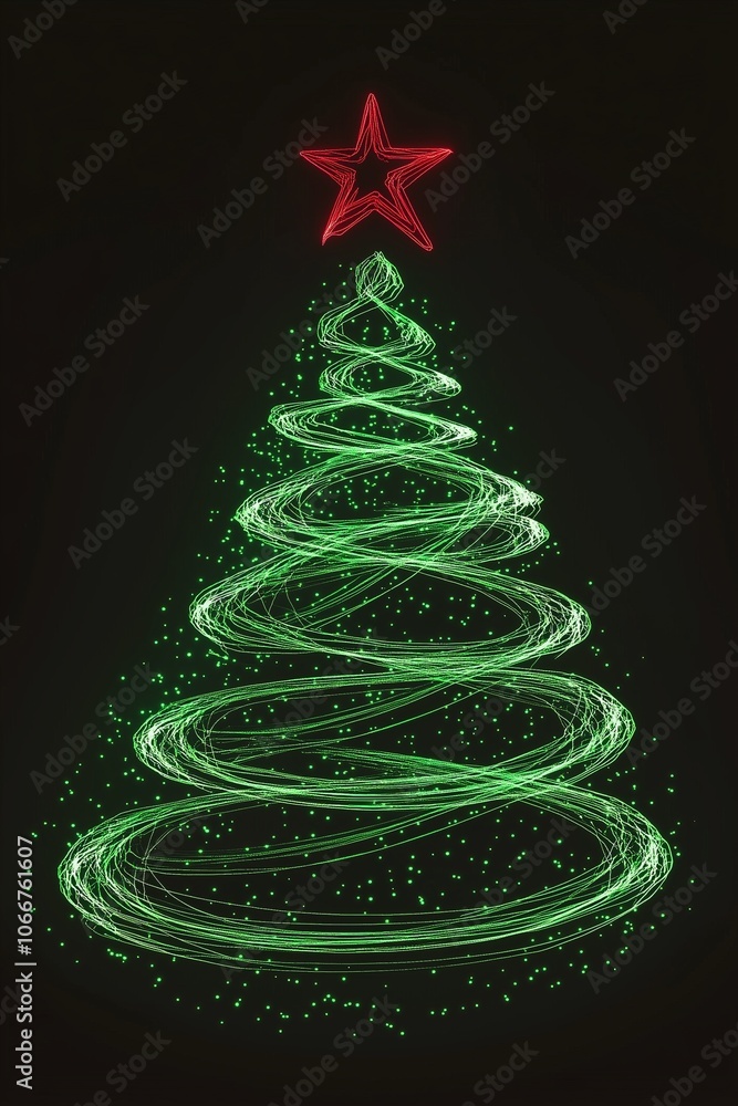 A vibrant, artistic depiction of a glowing Christmas tree with a red star atop, surrounded by twinkling lights on a dark background A vibrant, artistic depiction of a glowing Christmas tree with a red star atop, surrounded by twinkling lights on a dark background