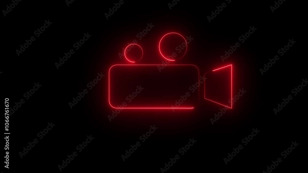 Abstract glowing Neon line red color cinema camera sign black background. Abstract glowing Neon line red color cinema camera sign black background.