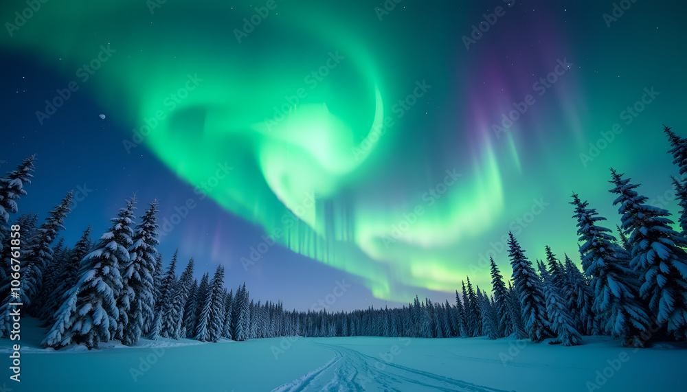Naklejka premium Vibrant aurora borealis illuminating snowy landscape with silhouetted pine trees at night