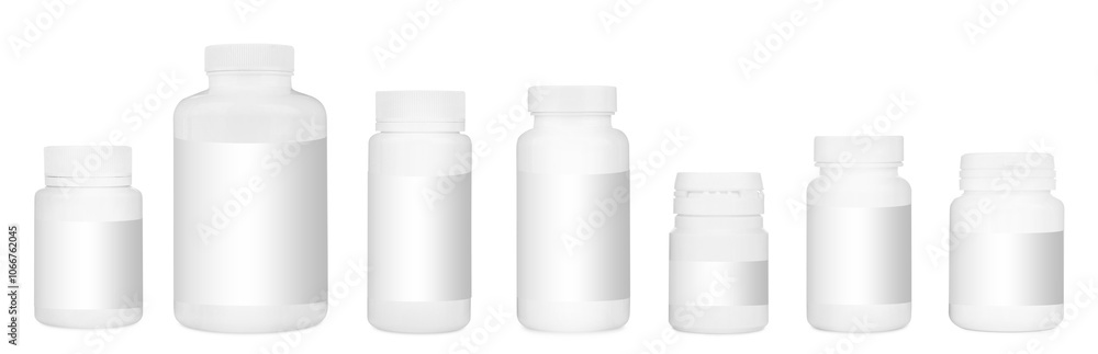 Many different plastic bottles with labels isolated on white Many different plastic bottles with labels isolated on white