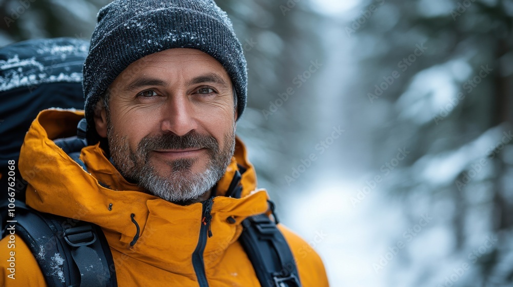 Outdoor winter portrait of older man in snow, orange jacket, beanie, mountain hike, cold weather, adventure, seasoned traveler, nature enthusiast, smile, hiking gear Outdoor winter portrait of older man in snow, orange jacket, beanie, mountain hike, cold weather, adventure, seasoned traveler, nature enthusiast, smile, hiking gear