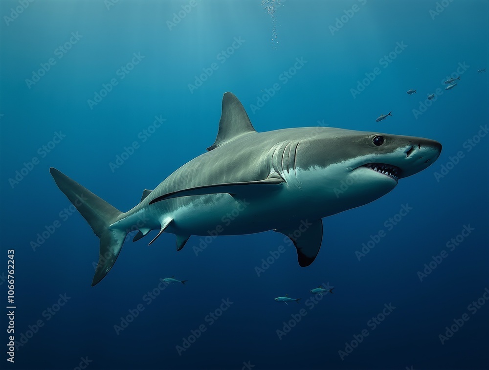 Fototapeta premium Submerged in the deep blue, a great white shark surveys its surroundings.