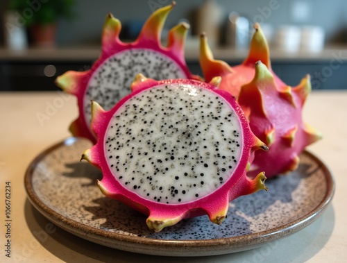 Close-up of dragon fruit halves on a speckled plate, highlighting the fruit s texture and color. photo