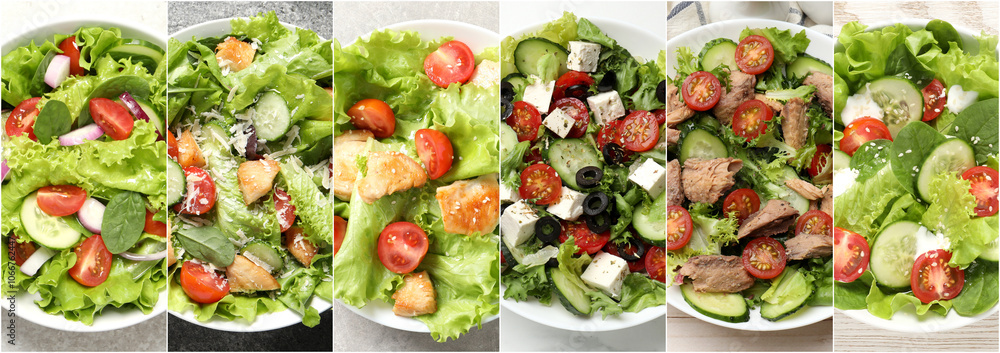 Many different salads on tables, top view. Set Many different salads on tables, top view. Set