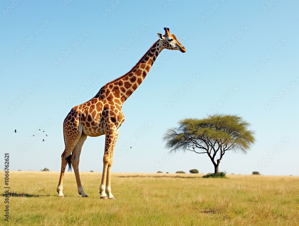 A giraffe stands tall in a golden savanna, its spotted coat a striking contrast against the vibrant green grass. A giraffe stands tall in a golden savanna, its spotted coat a striking contrast against the vibrant green grass.