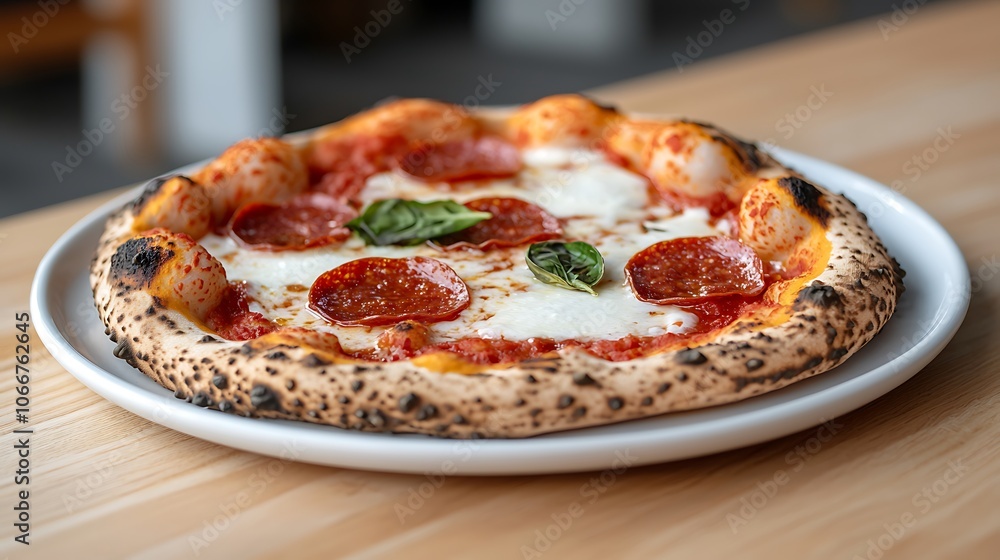 Savor the flavor enjoy a freshly baked pepperoni pizza with basil on a crisp crust Savor the flavor enjoy a freshly baked pepperoni pizza with basil on a crisp crust