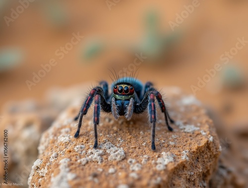 Close-up of a jumping spider with intricate patterns on its body and legs.