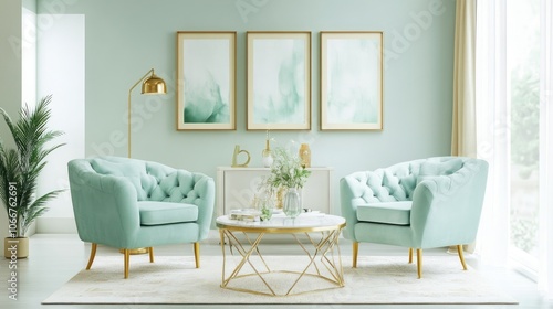 Green and Gold Living Room Interior with Two Armchairs and a Coffee Table