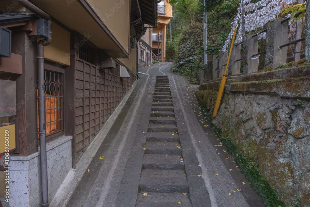 Walkway in the Kurokawa onsen village, stair in the nature, Kurokawa, Kumamoto, Kyushu, Japan Walkway in the Kurokawa onsen village, stair in the nature, Kurokawa, Kumamoto, Kyushu, Japan
