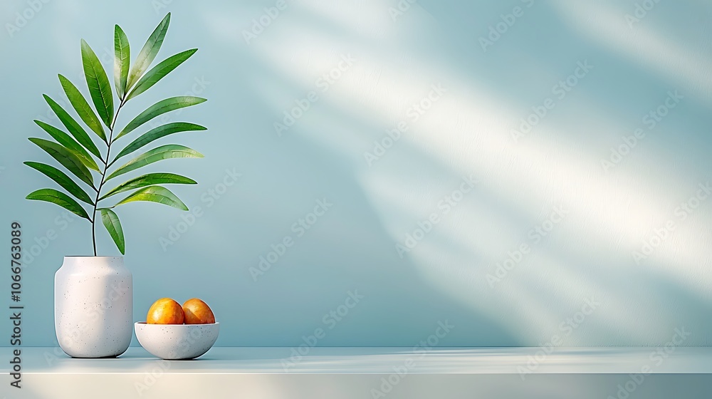 Create a serene interior space with stylish plants and fresh fruits for a calming atmosphere Create a serene interior space with stylish plants and fresh fruits for a calming atmosphere