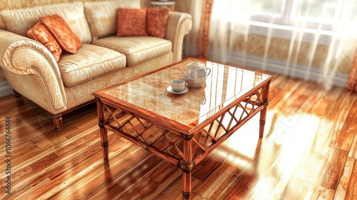 A cozy living room featuring a plush beige sofa, decorative pillows, and an ornate coffee table bathed in warm light.