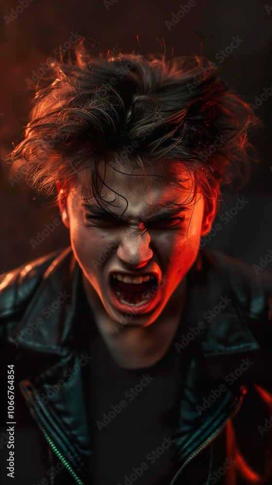Intense Portrait of a Young Man Screaming in the Dark