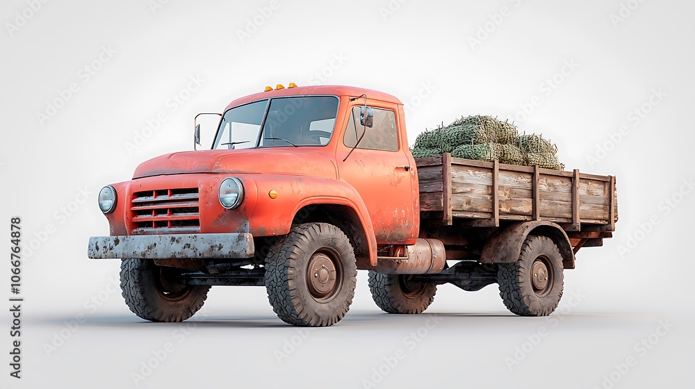 Classic red truck transports hay bales across open fields in rustic setting Classic red truck transports hay bales across open fields in rustic setting