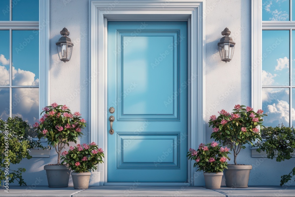 Upscale doorway in a high-end home with a sky-blue door flanked by rhododendrons. Upscale doorway in a high-end home with a sky-blue door flanked by rhododendrons.
