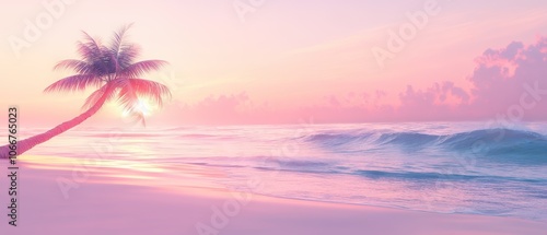 A serene beach scene featuring a leaning palm tree at sunset, casting soft light over gentle waves and a pastel sky