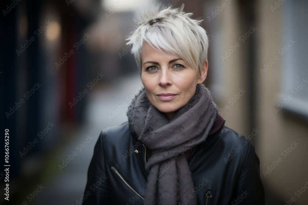 Portrait of a beautiful middle-aged woman with short blond hair wearing a black leather jacket and gray scarf in an urban street Portrait of a beautiful middle-aged woman with short blond hair wearing a black leather jacket and gray scarf in an urban street