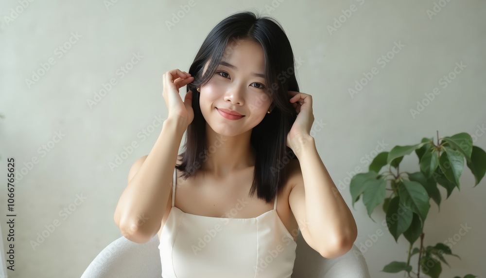 Confident Young Woman with Black Hair Posing in Minimalist Setting Confident Young Woman with Black Hair Posing in Minimalist Setting