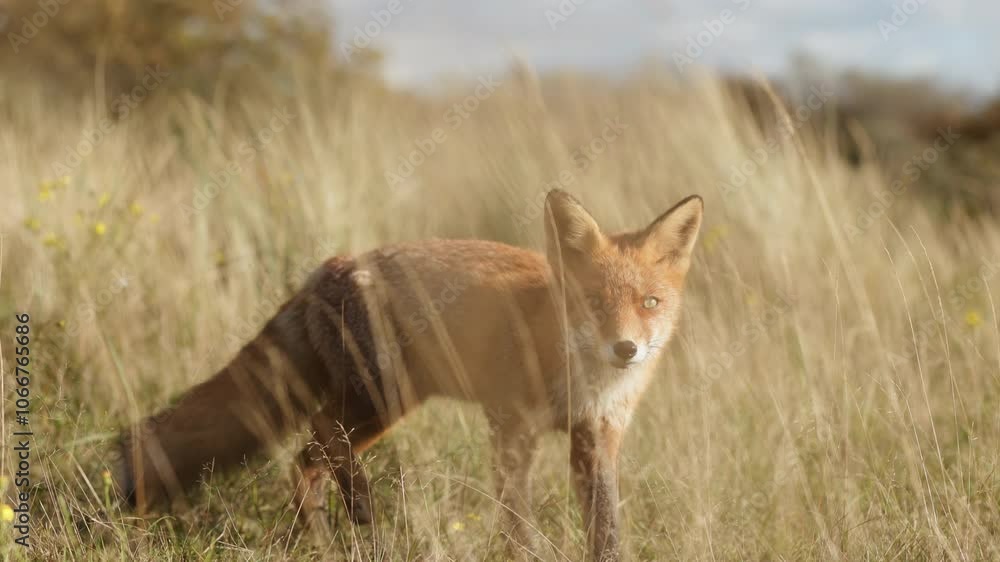 Trucking shot in tall coastal dune grass of striking red fox, Waterleidingduinen Trucking shot in tall coastal dune grass of striking red fox, Waterleidingduinen