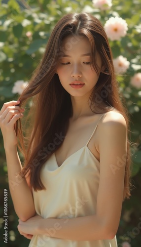 Young Woman with Brown Hair in Cream Top Surrounded by Nature.