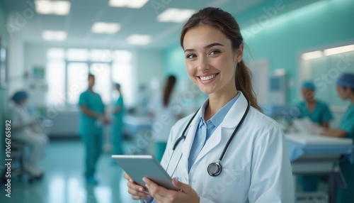 Young Female Doctor Smiling Confidently in Hospital Environment.