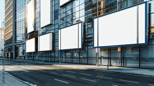 A cityscape featuring multiple blank billboards on a modern building facade, highlighting advertising opportunities in an urban environment for business.