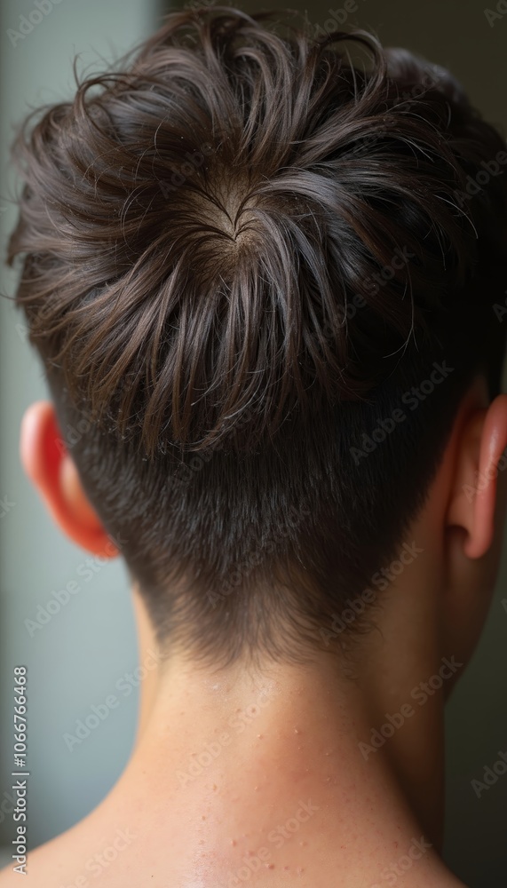 Close-up of Scalp with Dark Brown Hair and Visible Dandruff Flakes Close-up of Scalp with Dark Brown Hair and Visible Dandruff Flakes