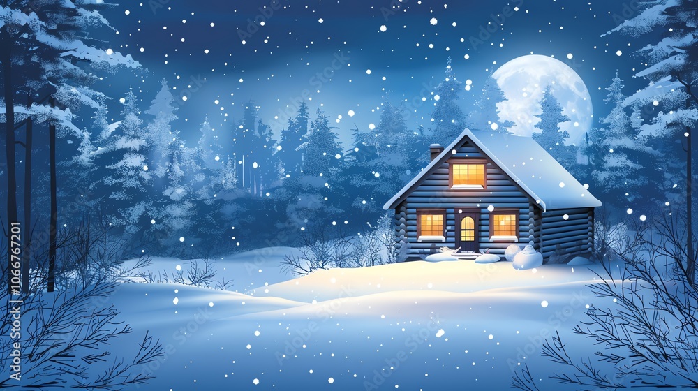 A cozy cabin in the woods at night with snow falling. A cozy cabin in the woods at night with snow falling.