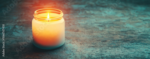 Candle inside a frosted jar glowing warmly, A serene candle glowing softly in a dark ambiance, perfect for creating a relaxing atmosphere. photo