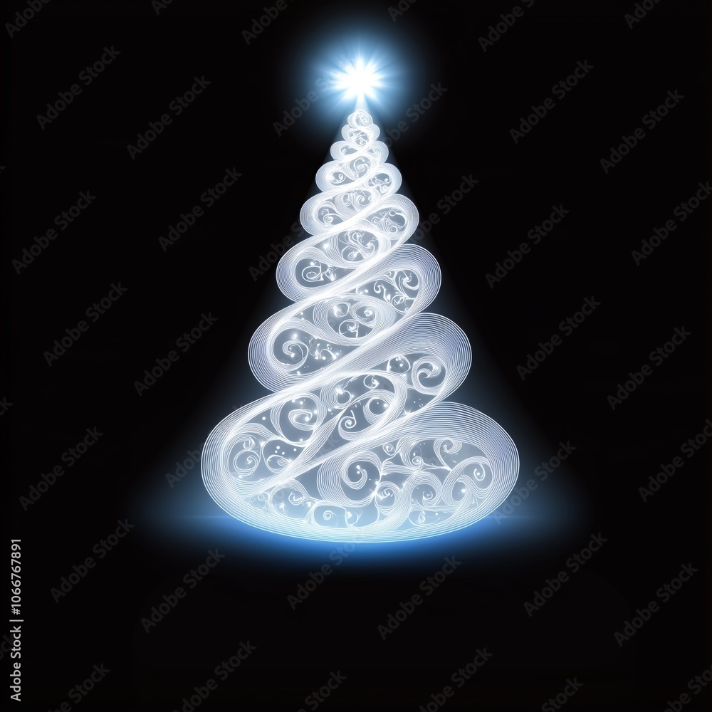 A stunning glowing Christmas tree with intricate spirals and a bright star at the top, set against a dark background to emphasize the festive spirit A stunning glowing Christmas tree with intricate spirals and a bright star at the top, set against a dark background to emphasize the festive spirit