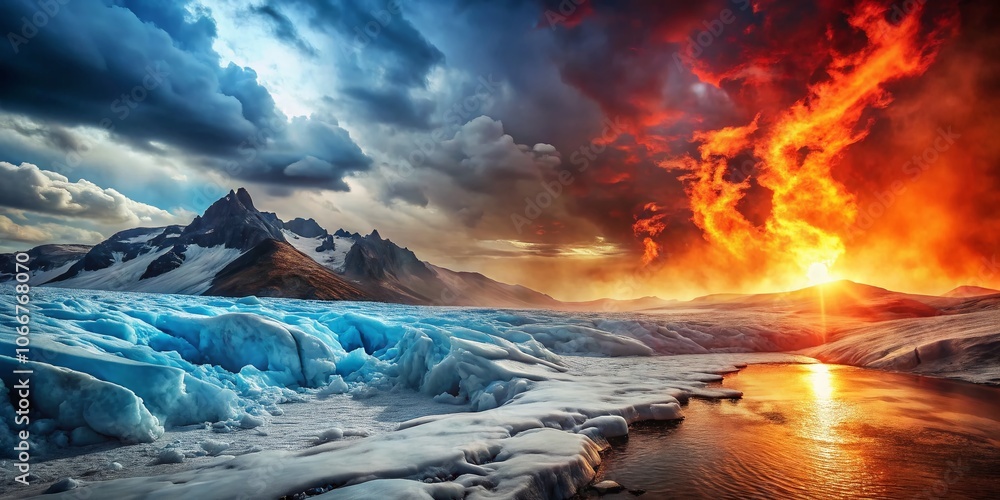 Naklejka premium Vintage Style Photography of a Fiery Landscape Meeting an Icy Terrain, Capturing the Raw Beauty of Nature's Elements in a Dramatic Contrast of Fire and Ice