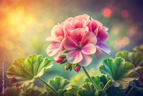 Vintage Style Photography of a Detailed Geranium Flower Illustration in Soft Pastels, Capturing the Intricate Petals and Leaves with a Nostalgic Aesthetic for Nature Lovers