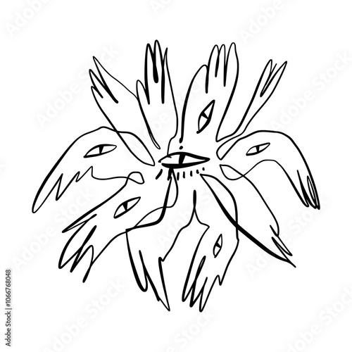 Bible accurate angel vector illustration clipart. Black colour contour coloring. Hand-drawn Seraphim print for tattoo, sticker and more.