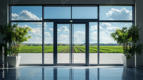 door to the future of agri cutlure, modern glass door in the center, farmland outside