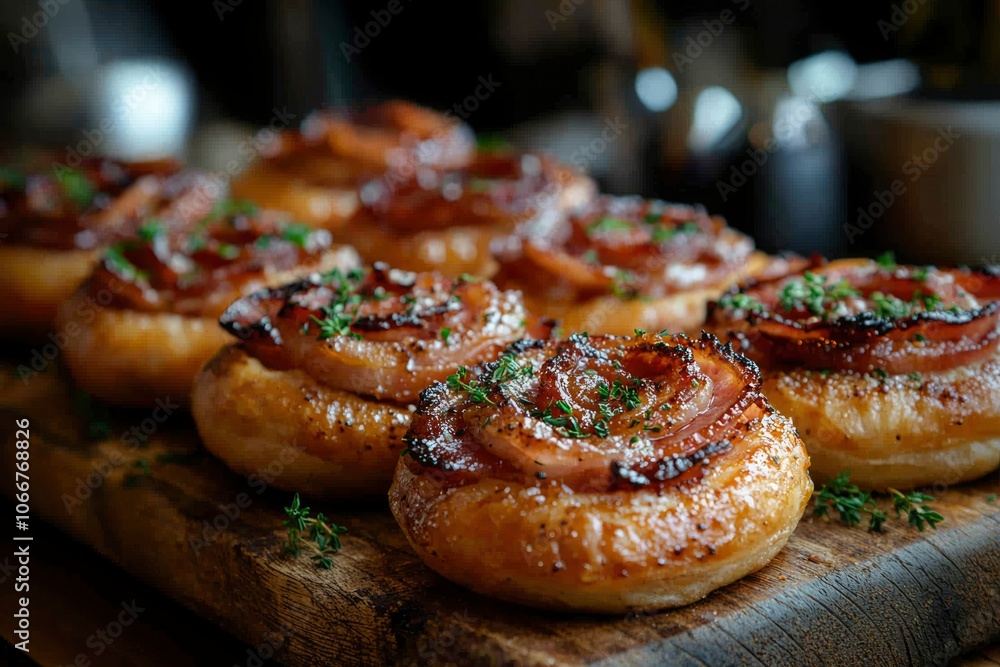 Crispy Bacon-Wrapped Pastry Bites on Wooden Board Crispy Bacon-Wrapped Pastry Bites on Wooden Board