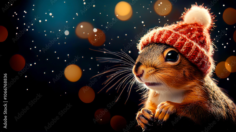 Squirrel wearing a cozy red hat surrounded by a wintery backdrop with soft lights. Squirrel wearing a cozy red hat surrounded by a wintery backdrop with soft lights.